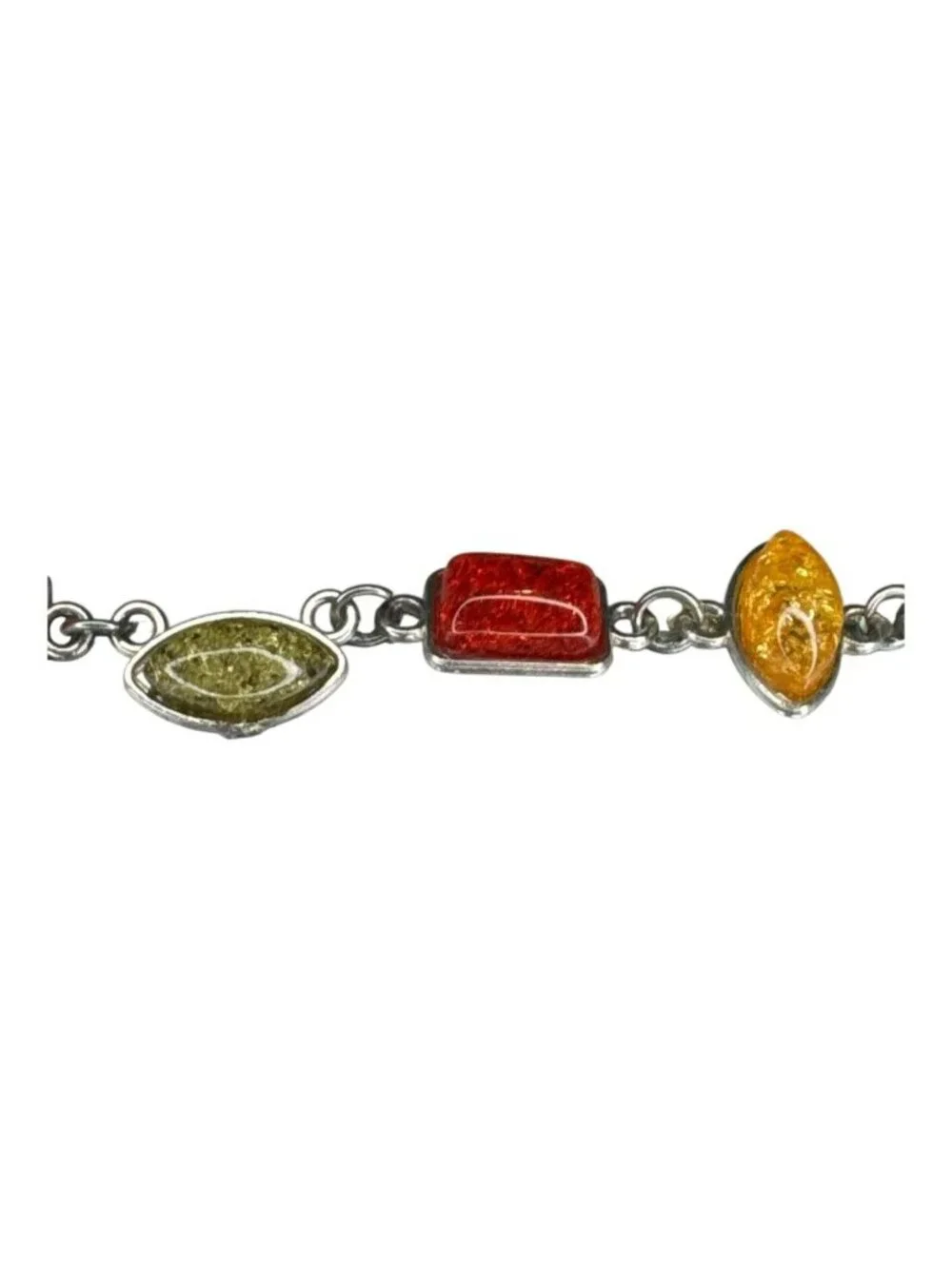 Multicolor Amber Stone & Sterling Silver Link Bracelet 7.5 Inches Lobster Clasp